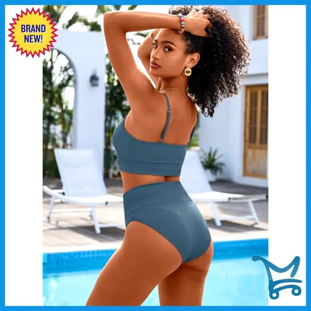 High Waisted Ribbed Bikini Set Tummy Control Adjustable Straps Summer Beach